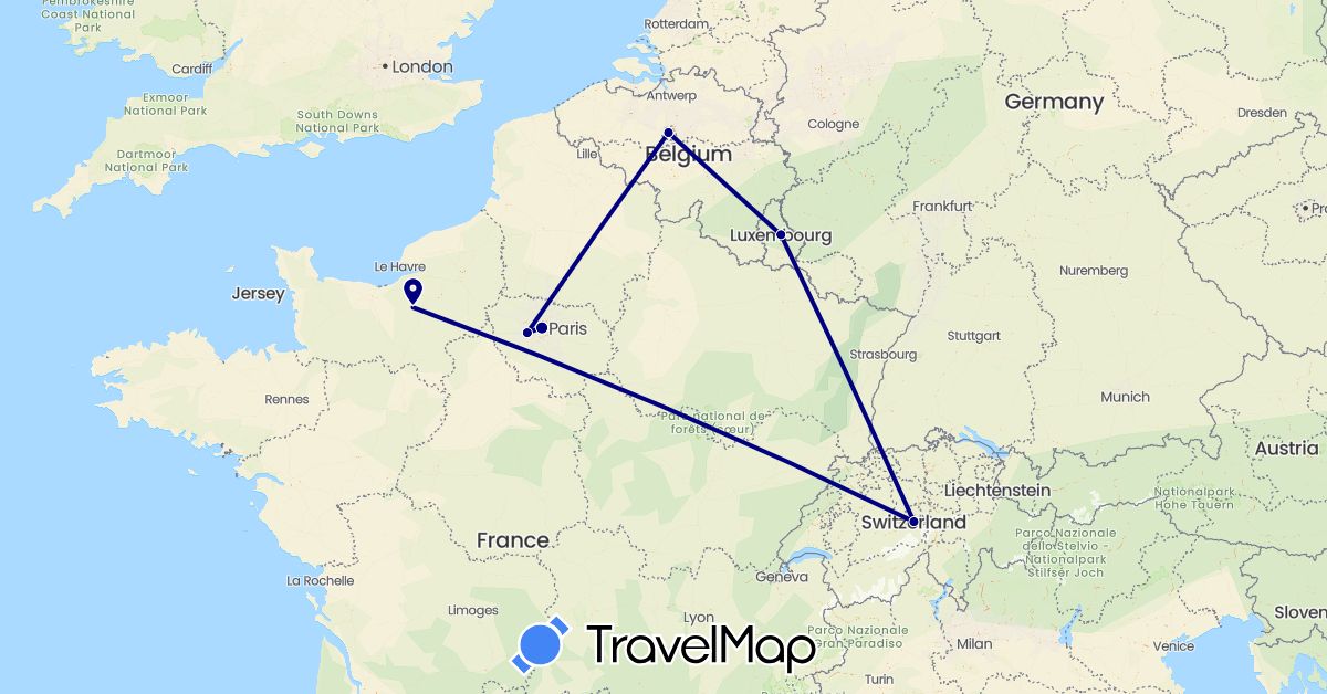 TravelMap itinerary: driving in Belgium, Switzerland, France, Luxembourg (Europe)